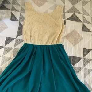 Creamy white lace and blue chiffon dress